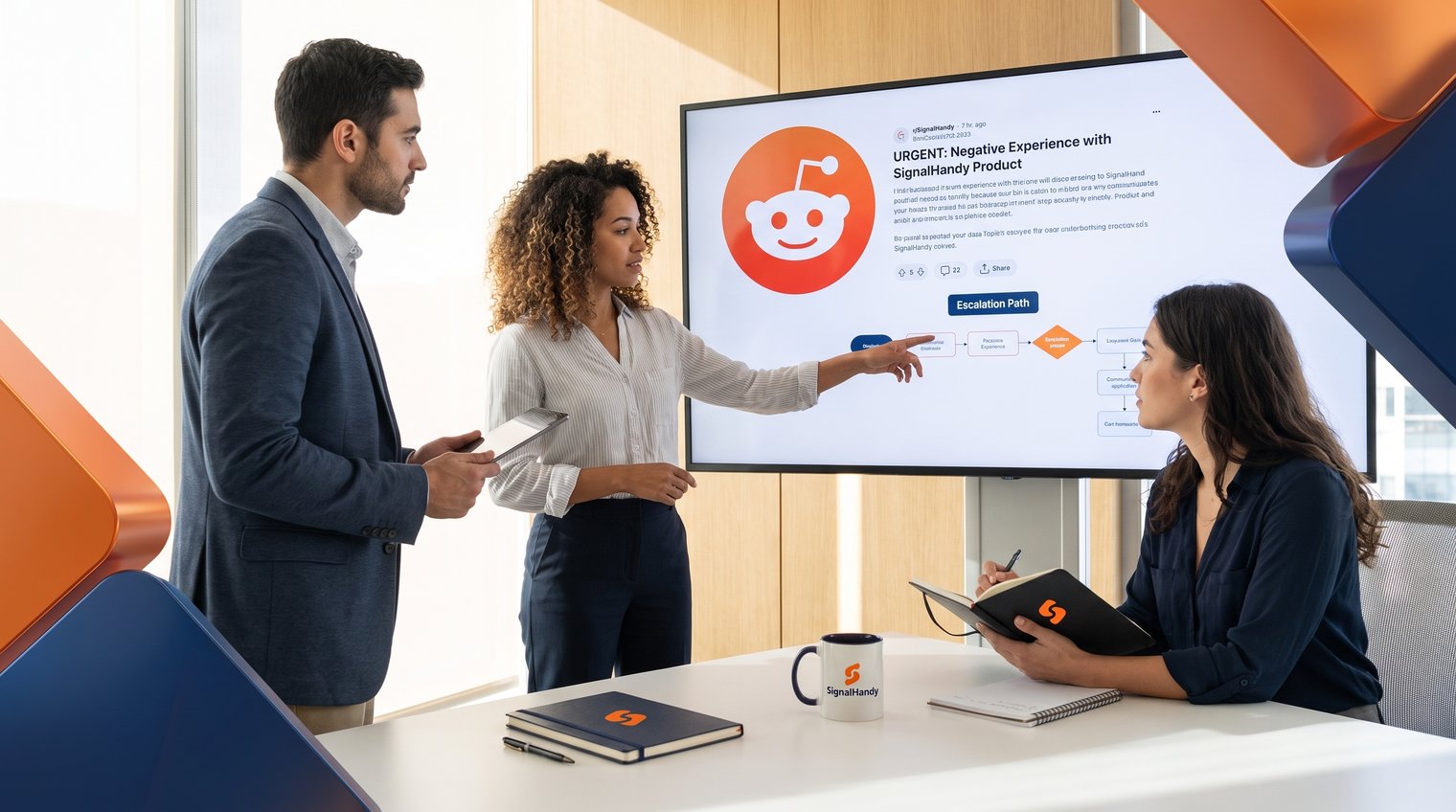 A community manager calmly reviewing a difficult Reddit complaint with a support lead and communications specialist in a focused escalation meeting