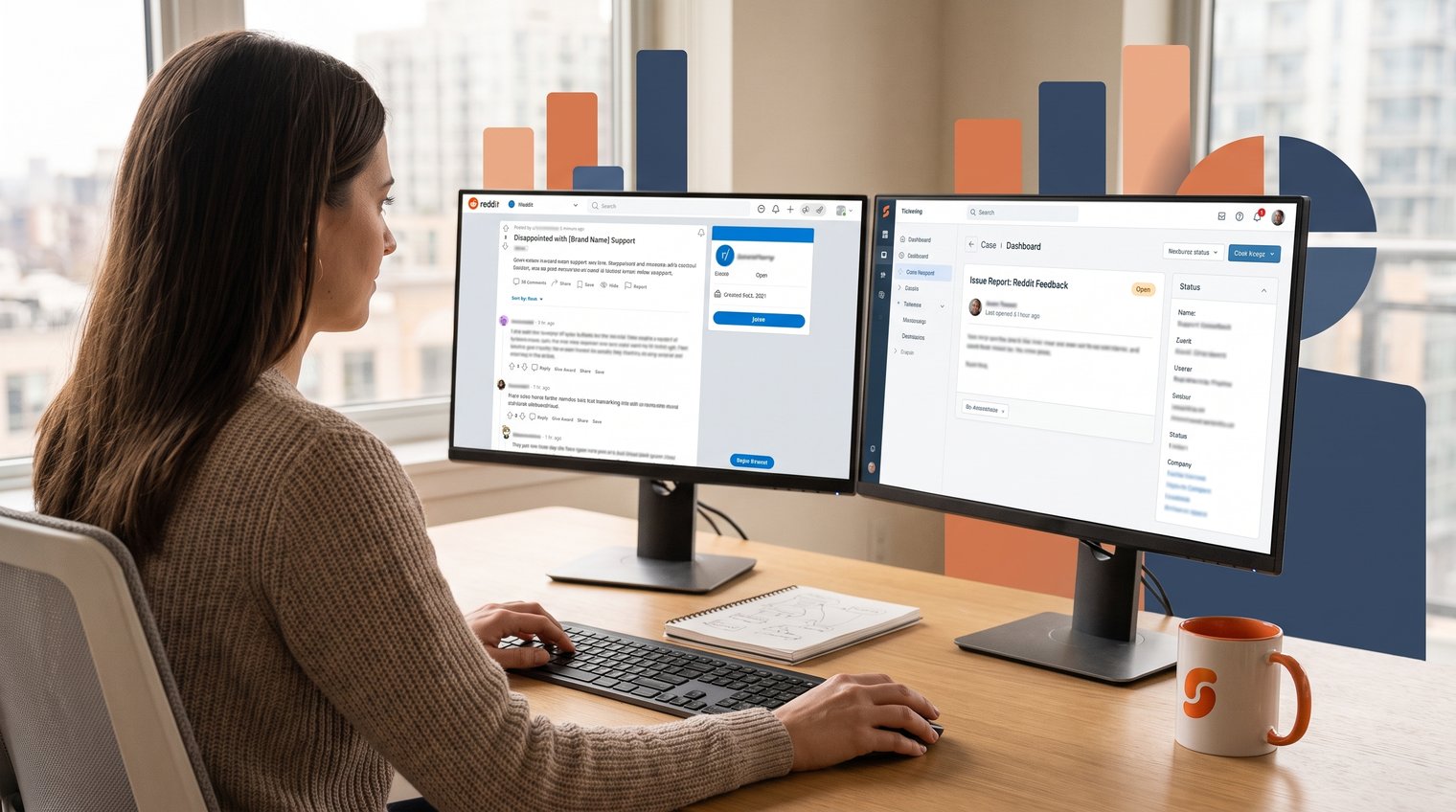 A community manager reviewing a Reddit thread alongside a support case, calm focused workspace, realistic editorial style