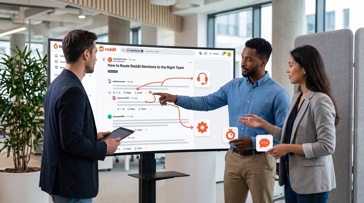 A cross-functional team reviewing a Reddit discussion on a shared screen, with support, product, and community teammates identifying who should act