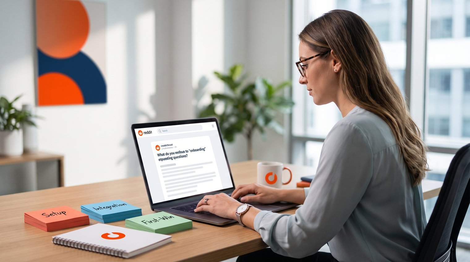 A customer success manager reviewing Reddit threads on a laptop, with notes grouped into setup, integration, and first-win themes