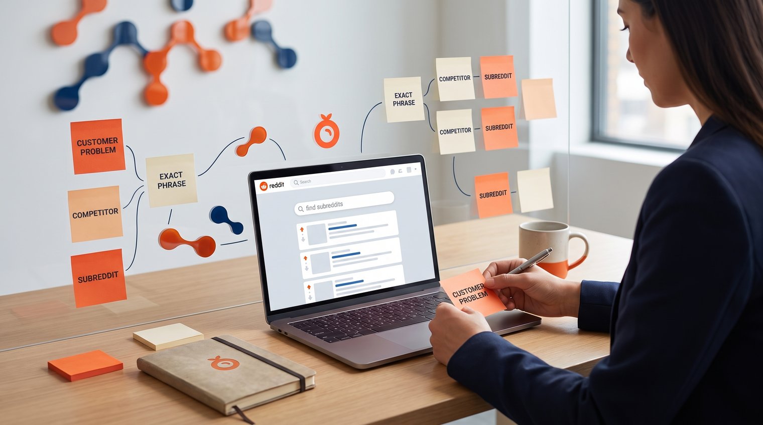 A focused researcher mapping sticky notes labeled customer problem, exact phrase, competitor, and subreddit around a laptop showing a Reddit-style search interface