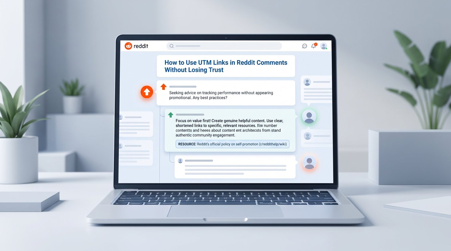 A helpful Reddit-style discussion shown conceptually on a laptop screen, with a detailed answer and one clearly relevant resource link, authentic community atmosphere, no visible brand logos