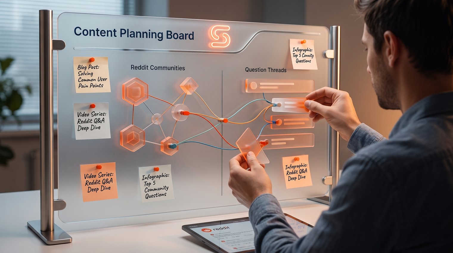 A marketer organizing Reddit communities, question threads, and sticky notes into a content planning board