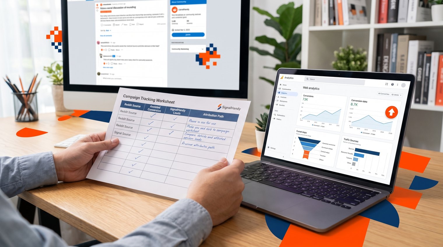 A marketer reviewing a campaign tracking worksheet beside a laptop showing anonymized web analytics, with subtle Reddit-inspired community discussion cues, editorial documentary style