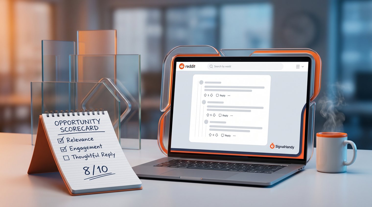 A marketer reviewing a Reddit discussion alongside a simple opportunity scorecard, with emphasis on thoughtful research rather than spammy outreach