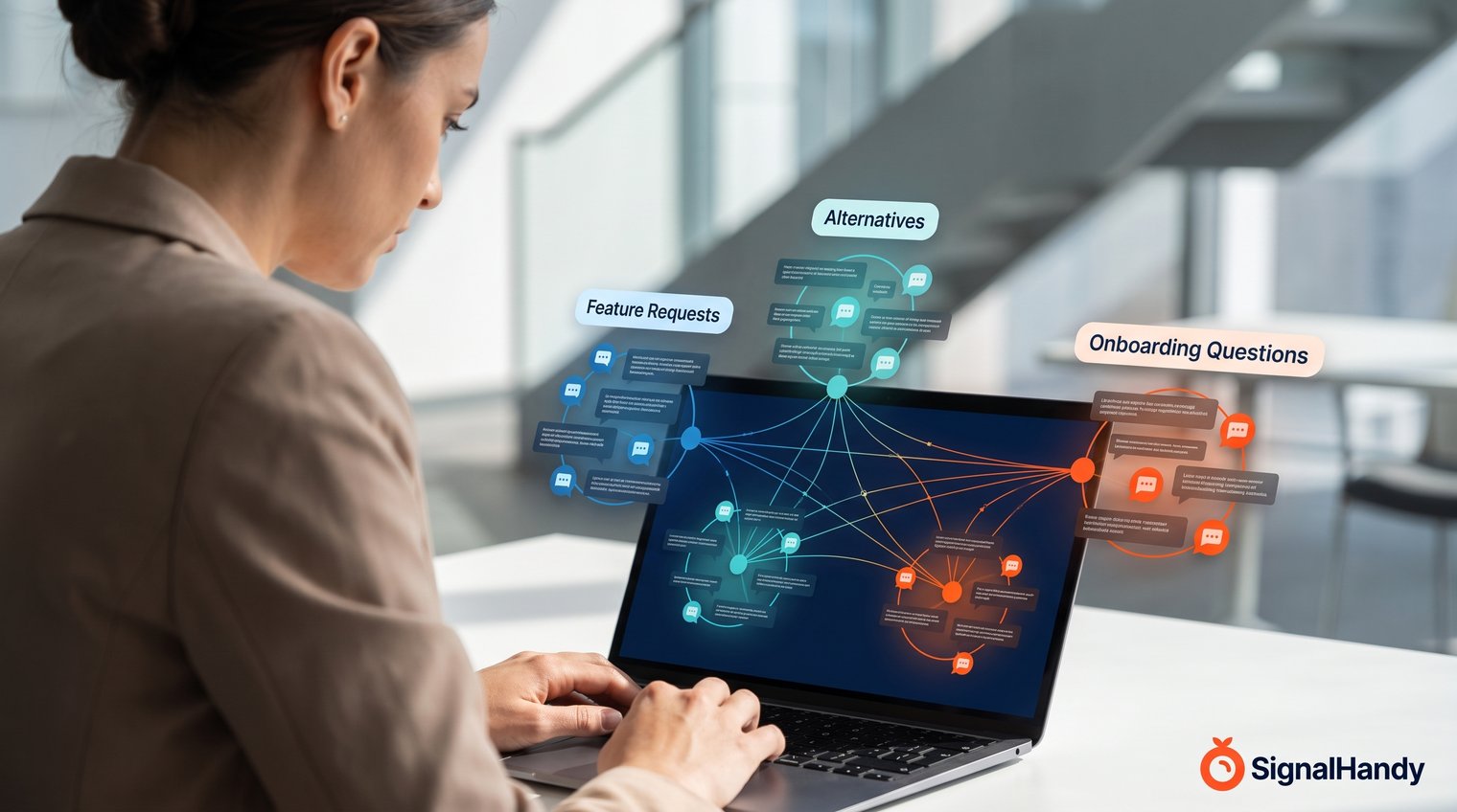 A marketer reviewing clustered Reddit conversations on a laptop, with recurring themes such as feature requests, alternatives, and onboarding questions visually grouped
