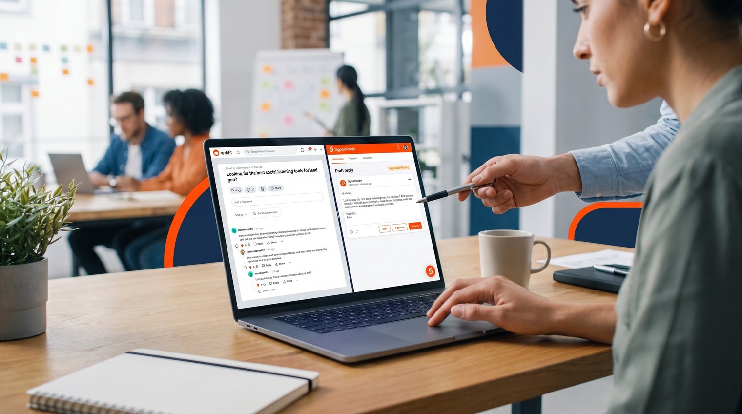 A marketing team member reviewing a draft response alongside a Reddit discussion on a laptop, with a collaborative but non-promotional office setting