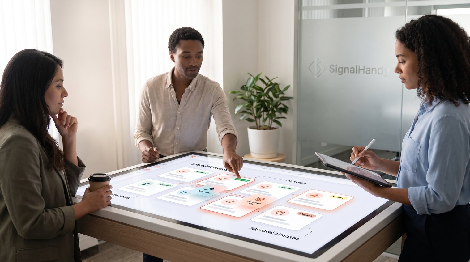 A marketing team reviewing a shared subreddit inventory with community cards, rule notes, and approval statuses