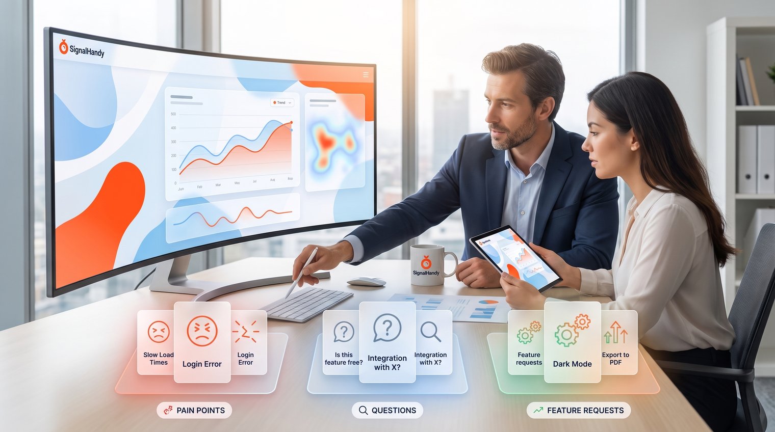 A product marketer and customer researcher reviewing a dashboard alongside anonymized Reddit conversation cards, with pain points, questions, and feature requests visually grouped