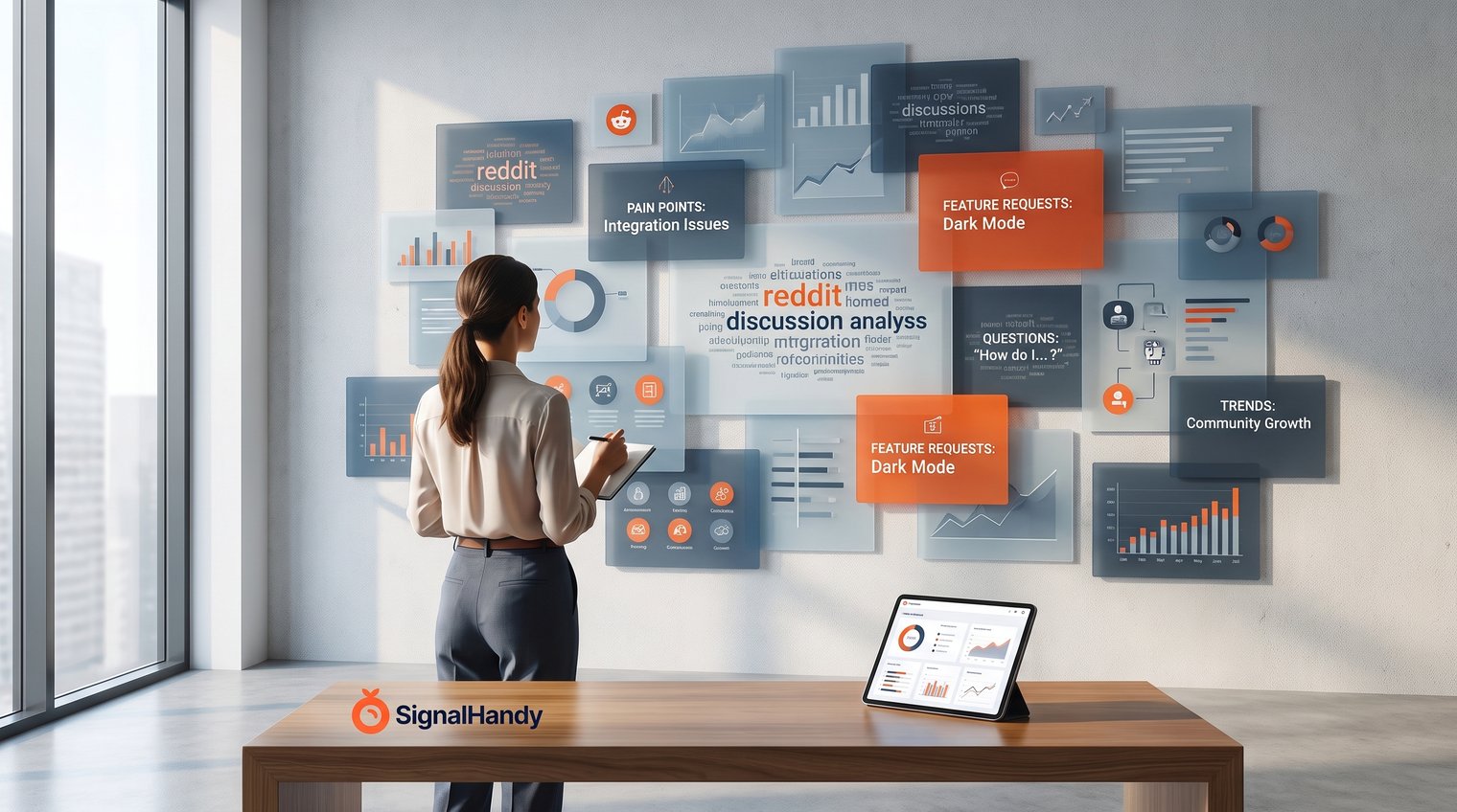 A product marketer reviewing a wall of anonymized Reddit discussion themes, including pain points, questions, and feature requests