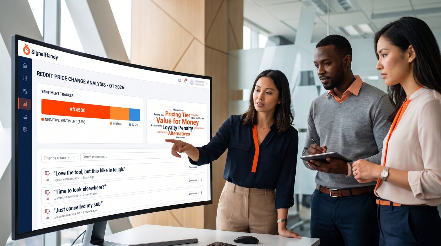 A product marketing or customer-insights team reviewing a Reddit discussion dashboard after announcing a price change, with sentiment cues and discussion themes visible