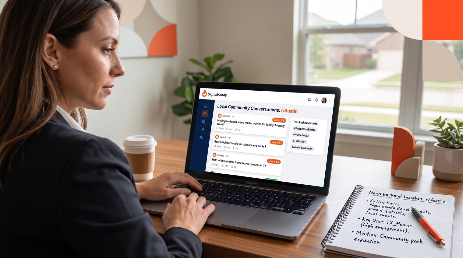 A real estate agent reviewing active local community conversations on a laptop, with a notebook of helpful neighborhood insights, candid editorial style