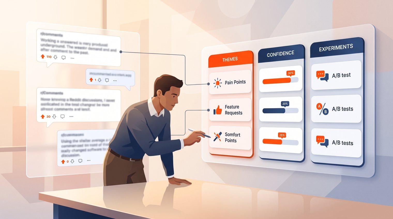 A research analyst comparing anonymized discussion excerpts with a structured insight board containing themes, evidence confidence, and message experiments