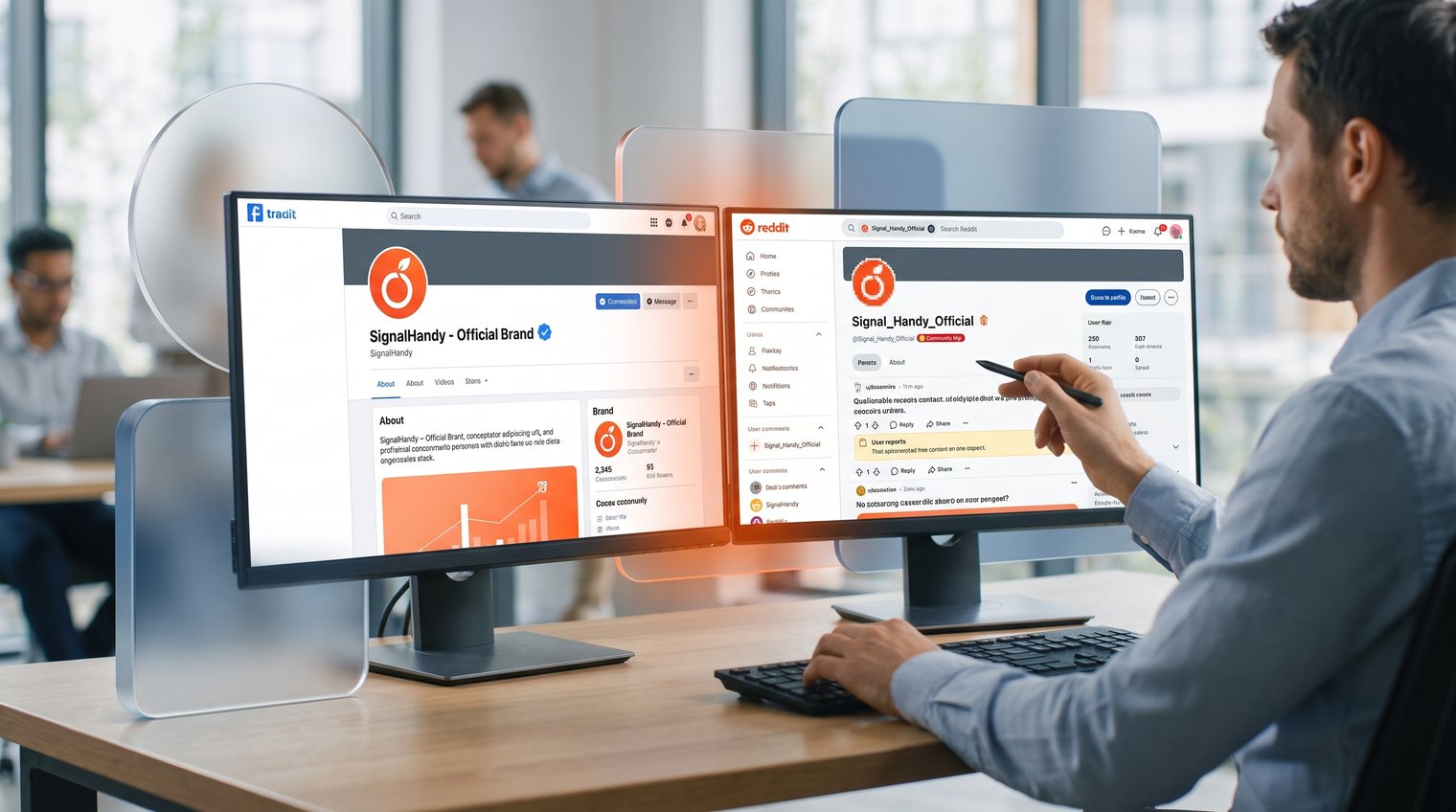 A social media trust-and-safety analyst comparing an official brand profile with a suspicious Reddit profile, with subtle visual cues such as a lookalike username and copied logo