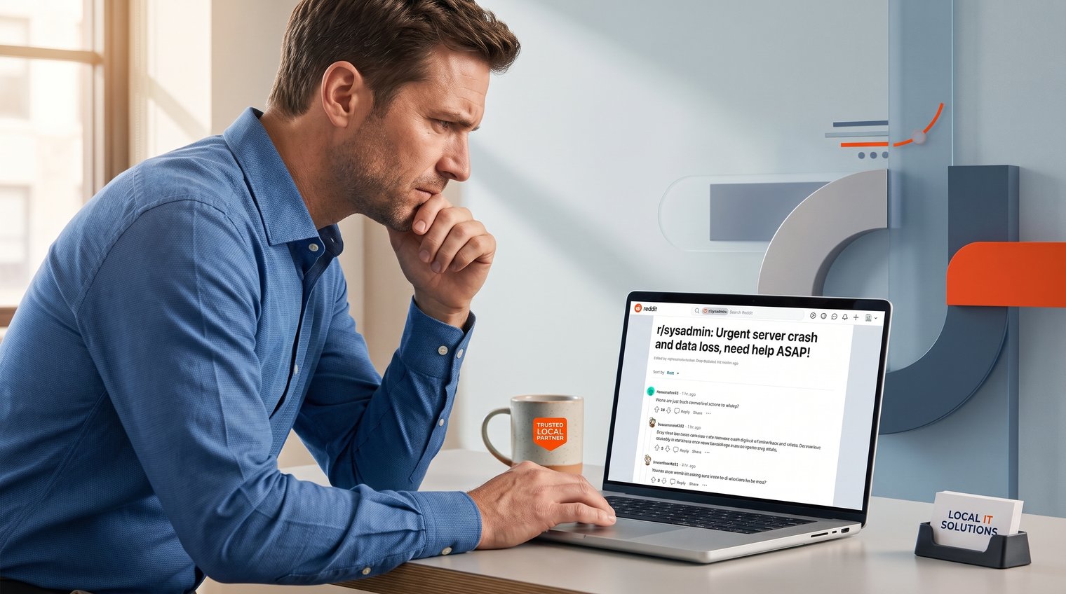 An MSP owner reviewing a Reddit discussion about IT issues on a laptop, with subtle cues of urgency, trust, and local-business technology support