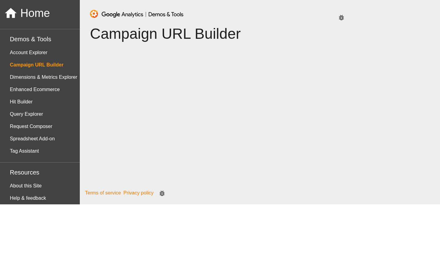 Ga Dev Tools: Campaign URL Builder fields and generated URL area with generic example values