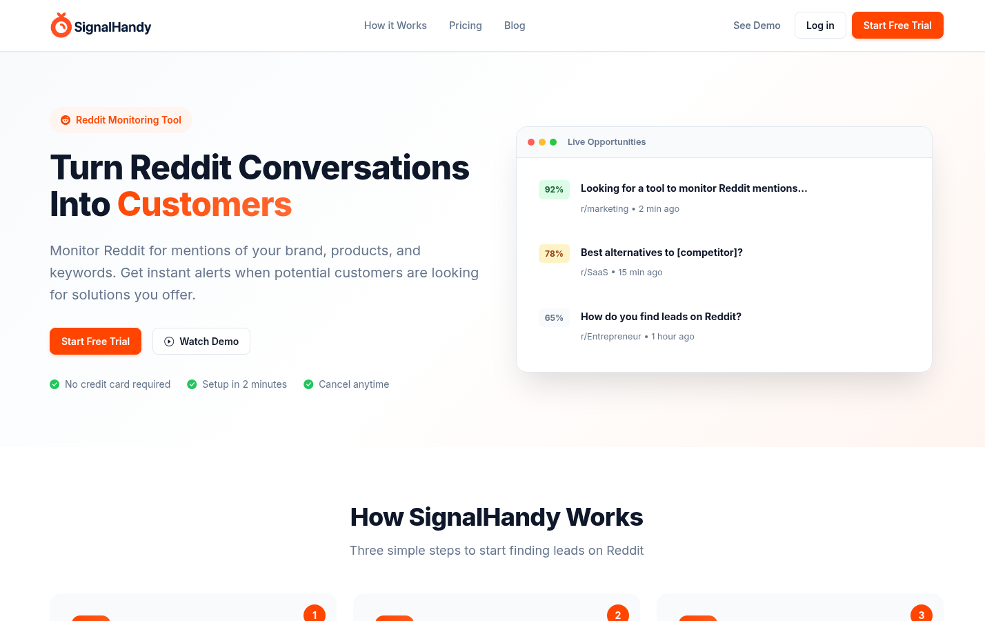 Signalhandy: Page section that explains Reddit keyword monitoring, alerts, or opportunity scoring