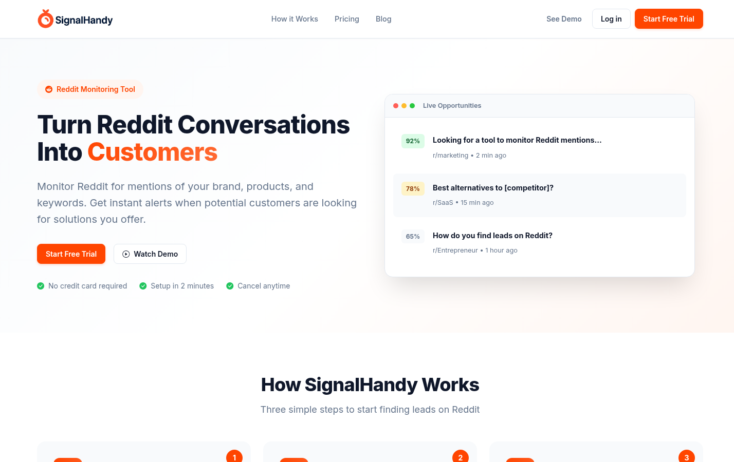 Signalhandy: Page section that explains Reddit keyword monitoring, relevant-post alerts, or opportunity scoring