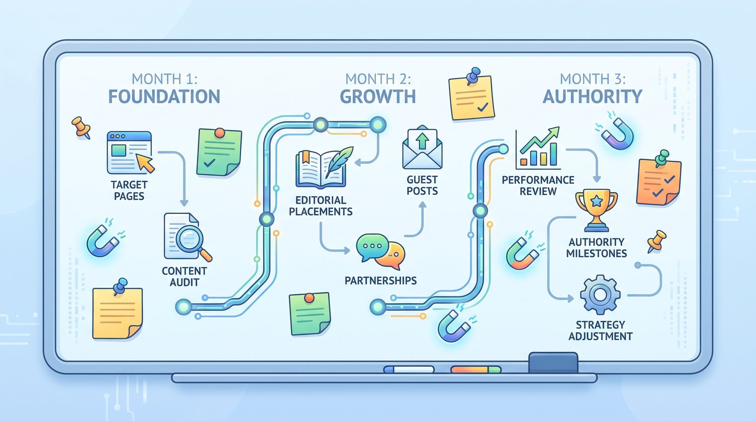 A 90-day B2B SaaS authority-building roadmap shown as a collaborative planning board with target pages, editorial placements, and performance review milestones