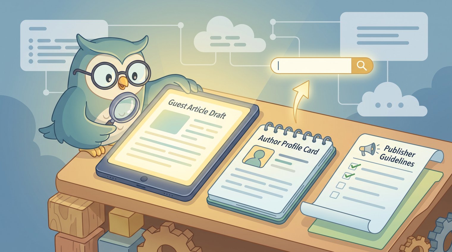 A B2B expert reviewing a guest article draft beside an author profile card and publisher guidelines