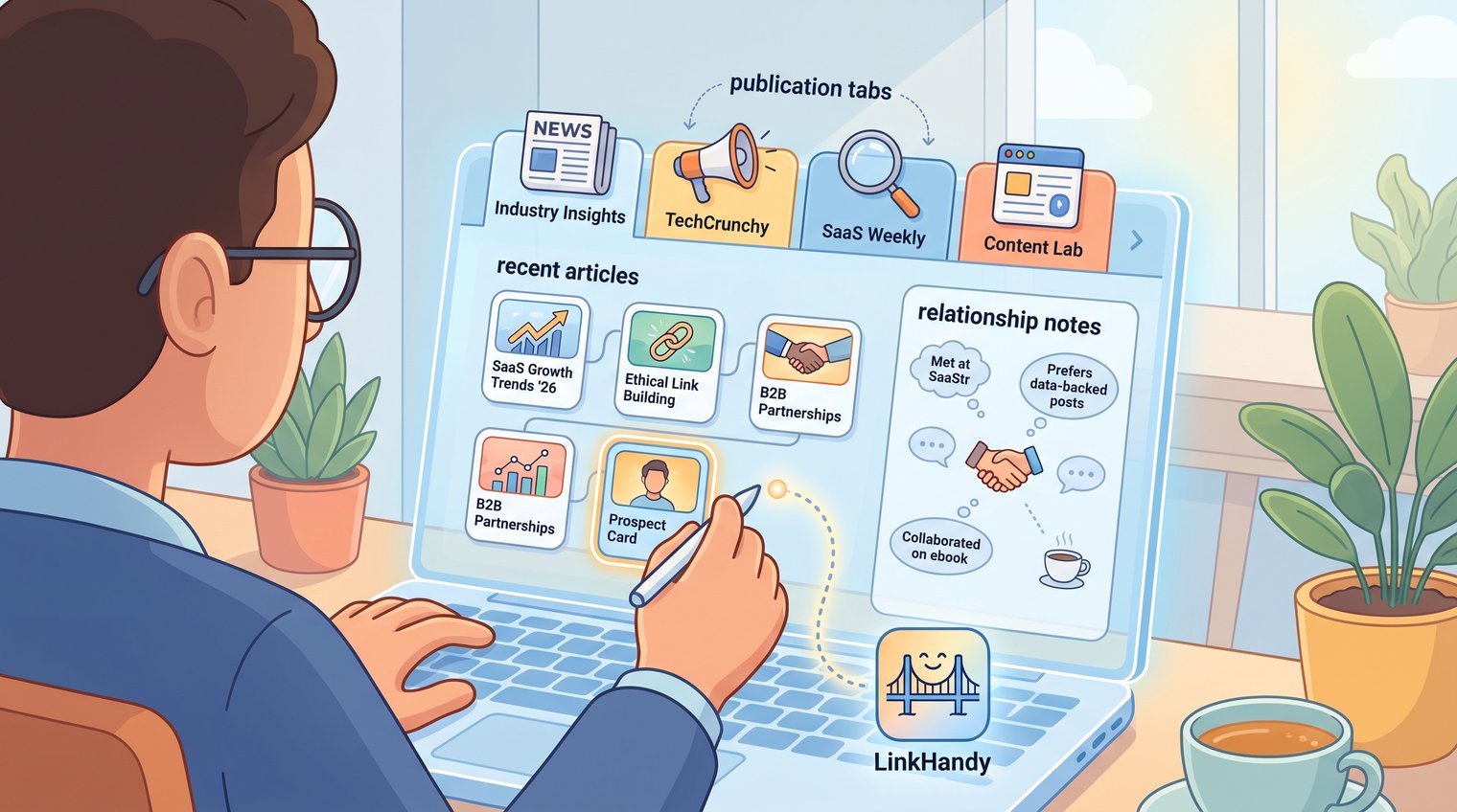 A B2B marketer reviewing a curated outreach prospect list with publication tabs, recent articles, and relationship notes on a laptop