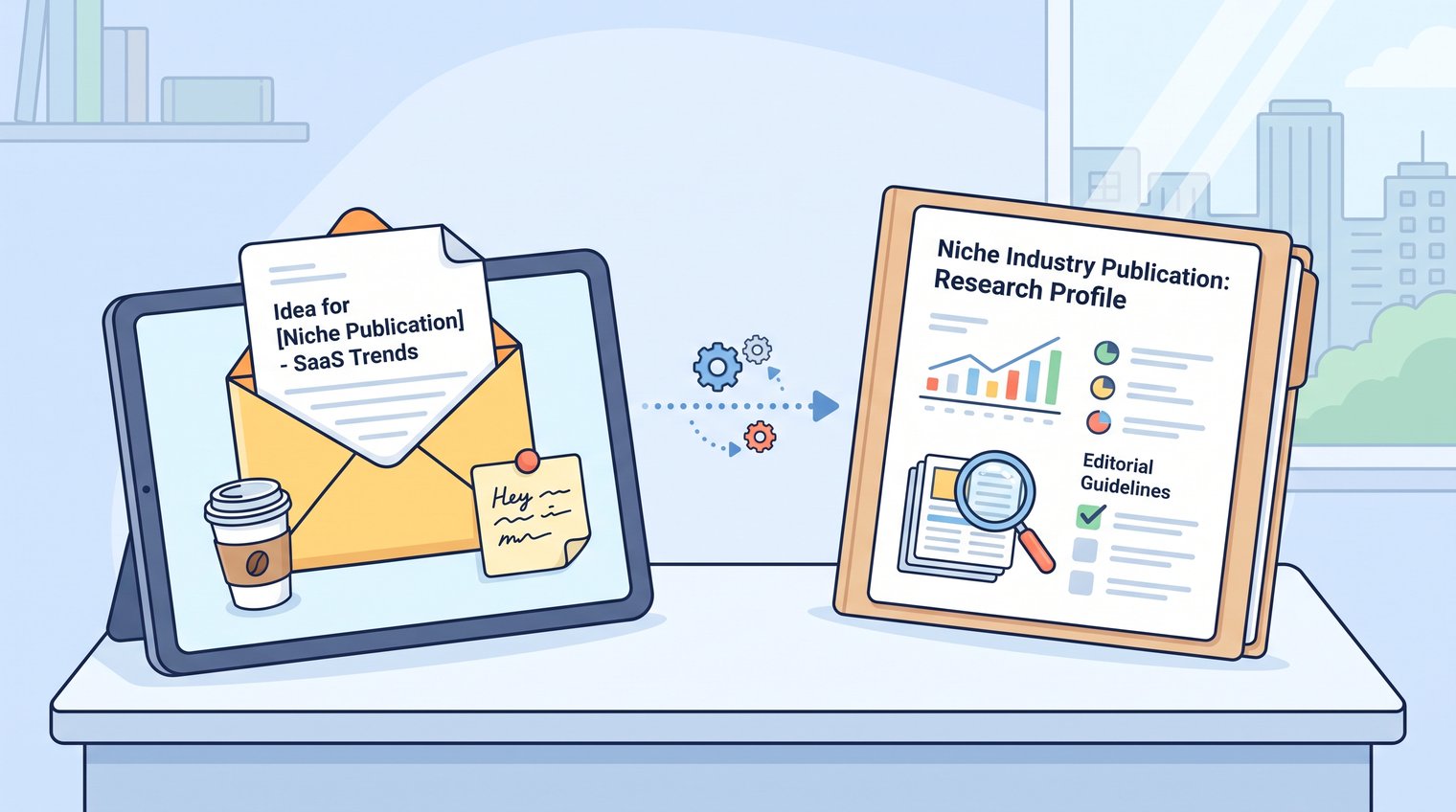 A B2B marketer reviewing a personalized outreach email beside a research profile for a niche industry publication