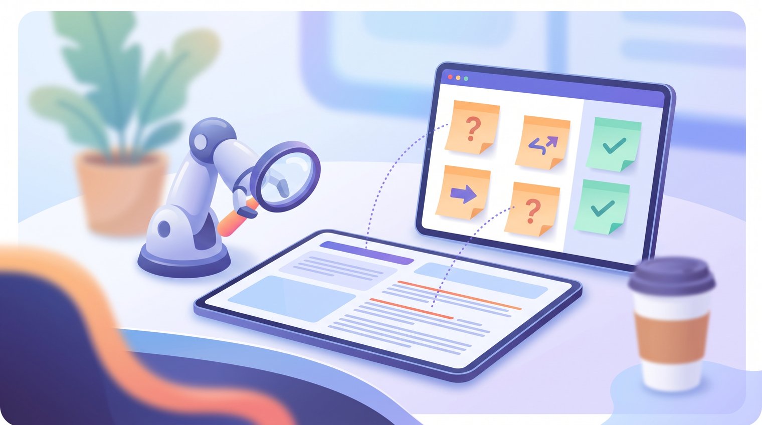 A B2B marketer reviewing a published guest article with an editor's feedback notes beside it