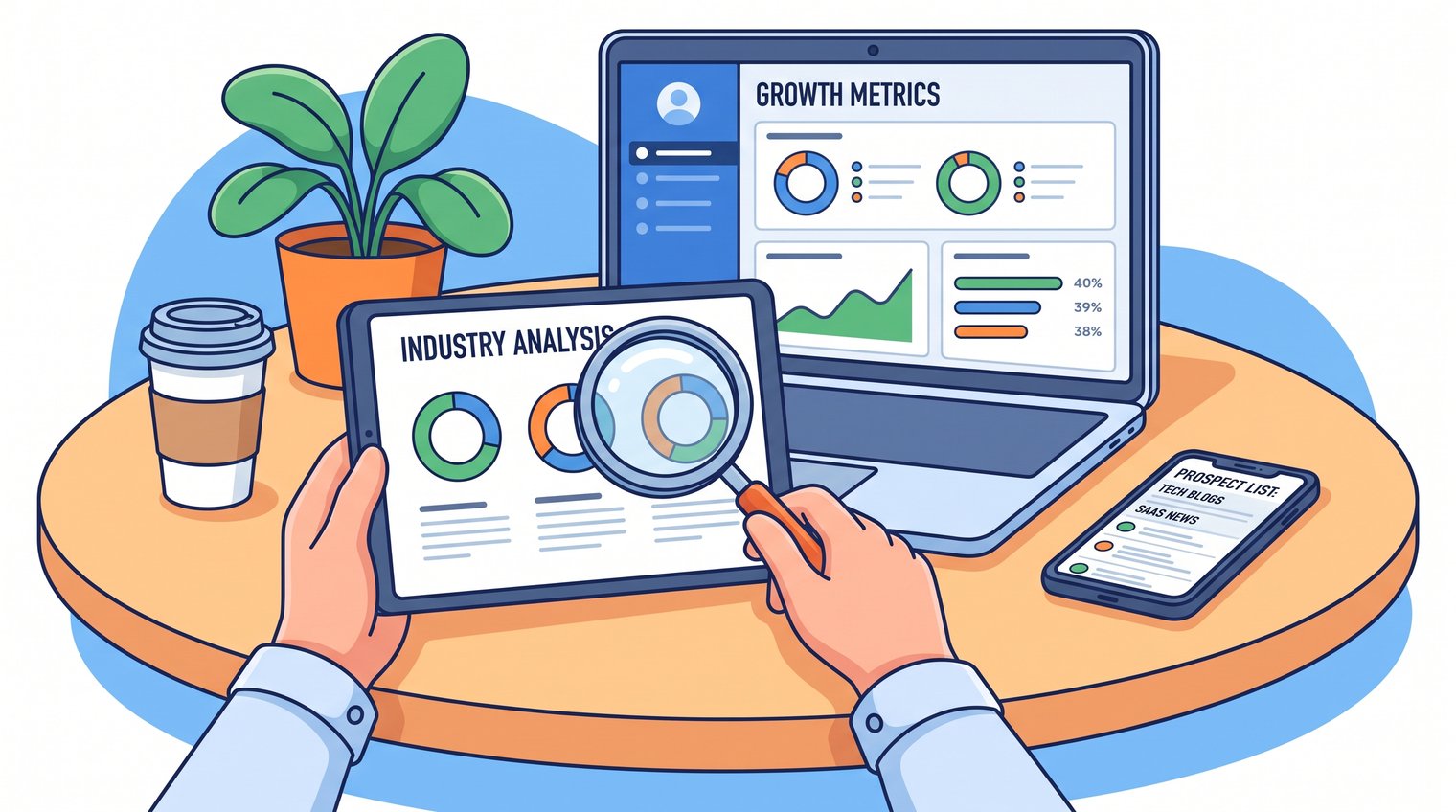 A B2B marketer reviewing a research report, product data dashboard, and publisher prospect list on a desk