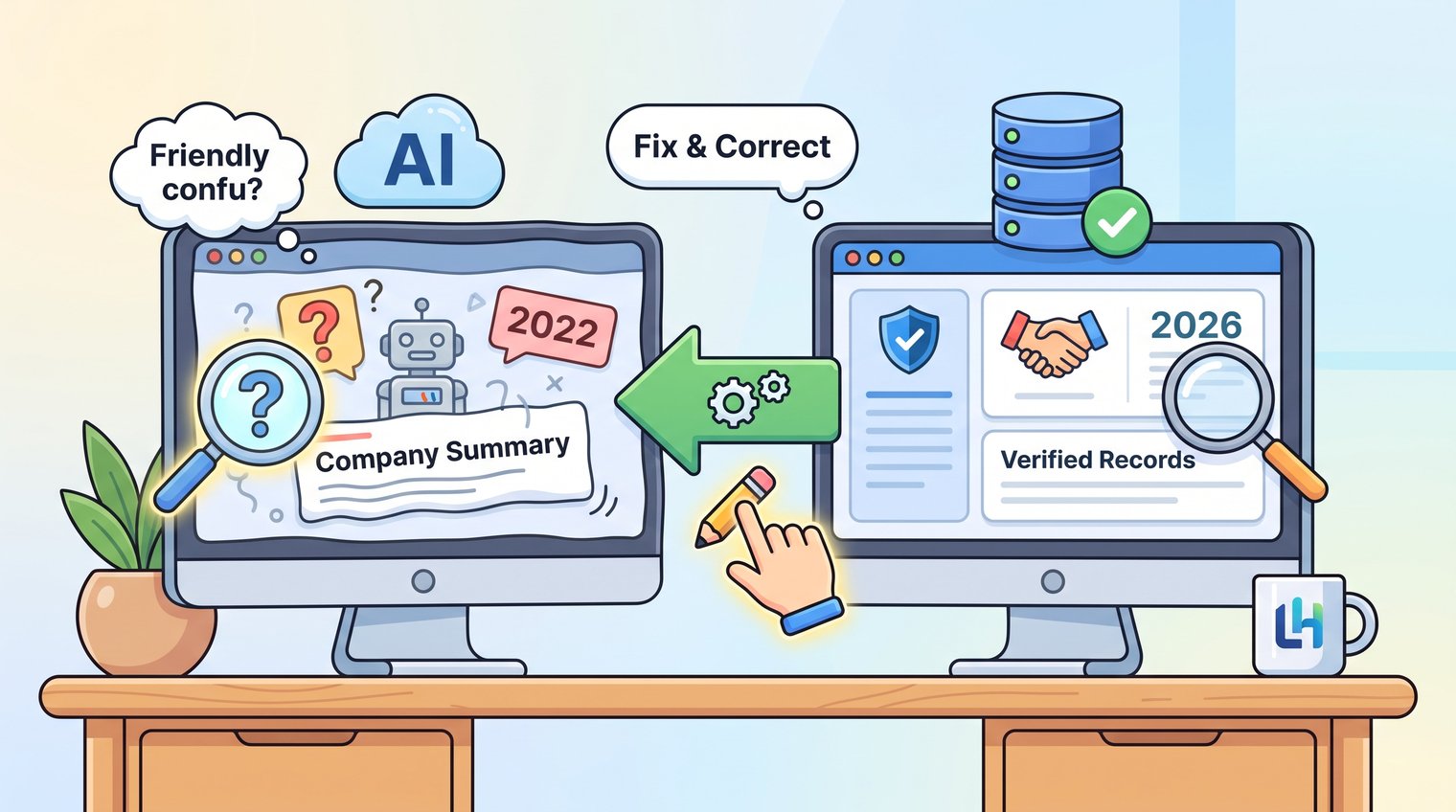 A B2B marketing manager comparing an AI-generated company summary against verified company records on two monitors