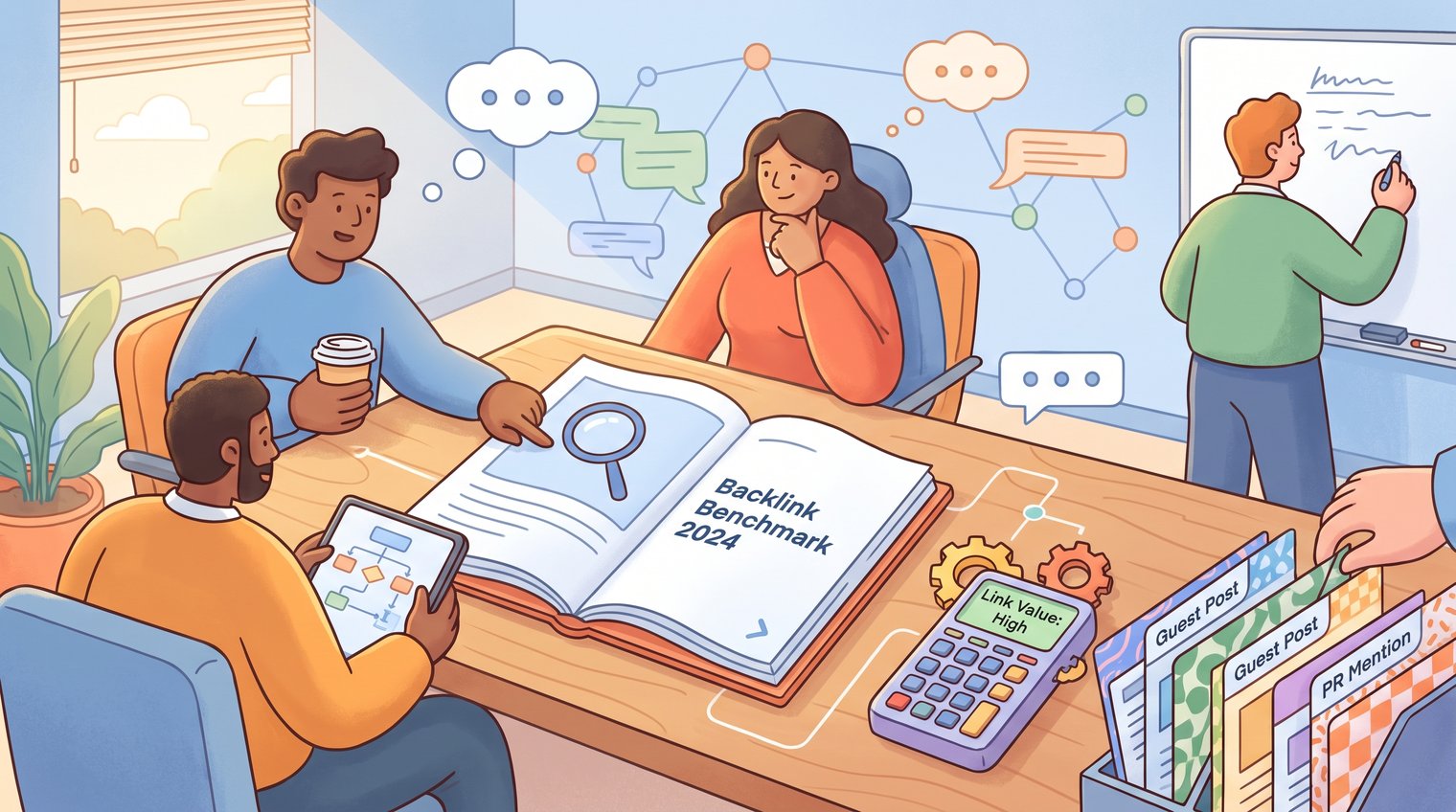 A B2B marketing team reviewing a SaaS benchmark report, calculator, and template concepts on a collaborative workspace
