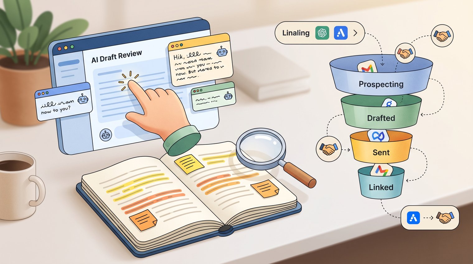 A marketer reviewing AI-assisted draft outreach emails beside highlighted source notes and a CRM pipeline