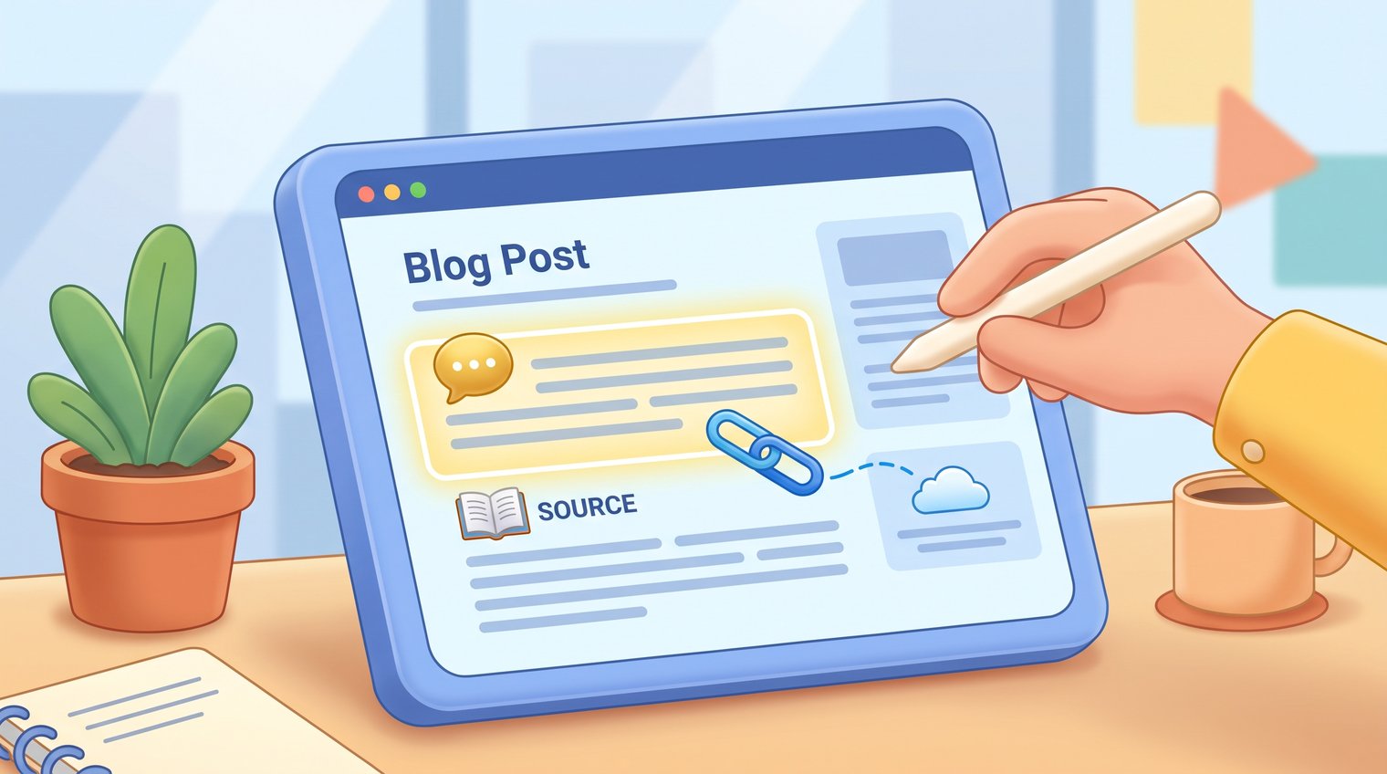 A PR professional reviewing an online article with highlighted brand mention, source citation, and contextual hyperlink