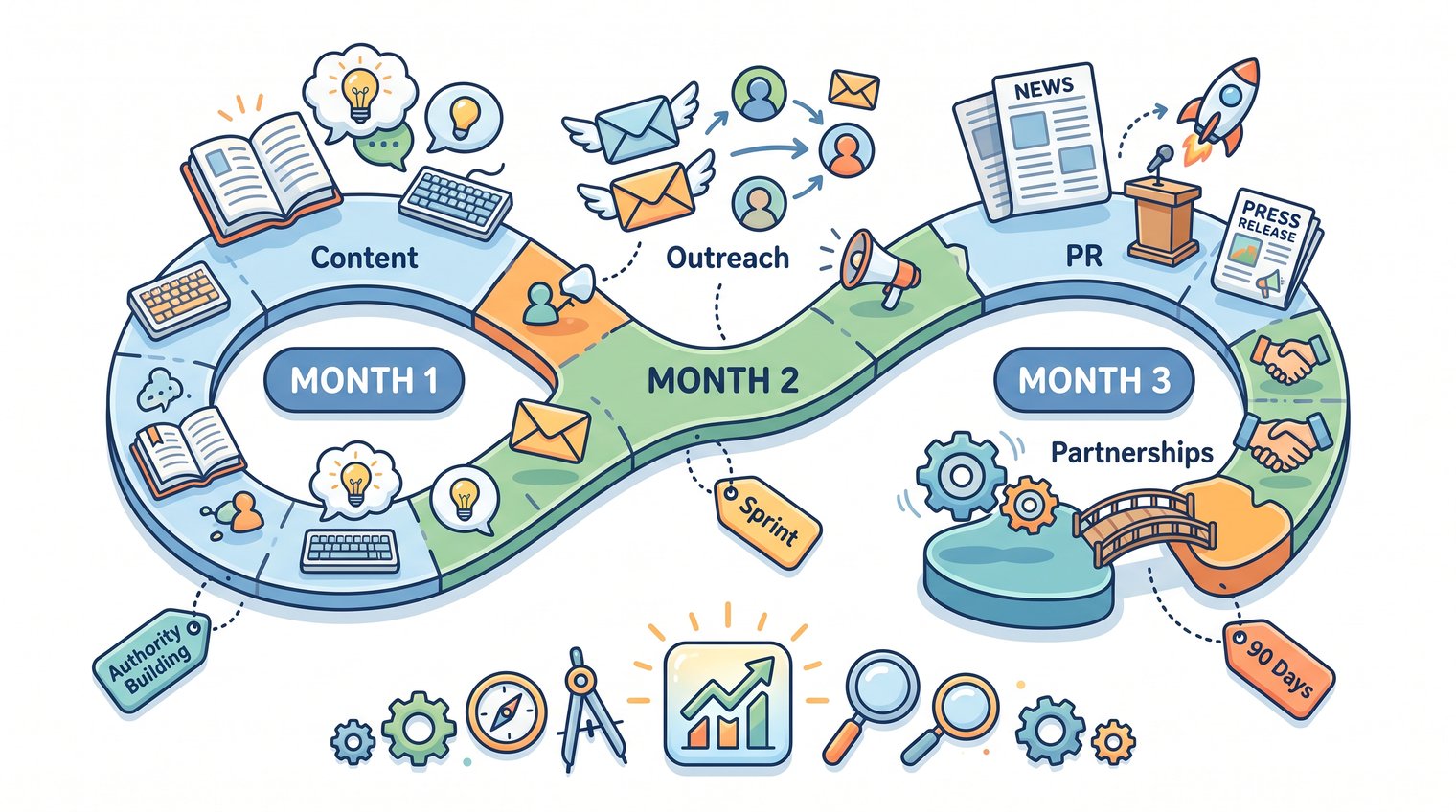 A SaaS growth team planning a 90-day authority-building sprint with content, outreach, PR, and partnership workstreams on a timeline board
