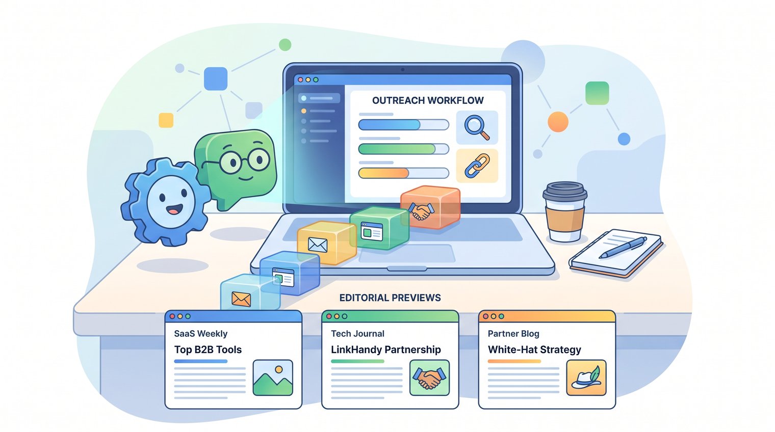 A SaaS marketing lead reviewing a transparent backlink outreach workflow with a specialist, including a laptop dashboard and editorial website previews