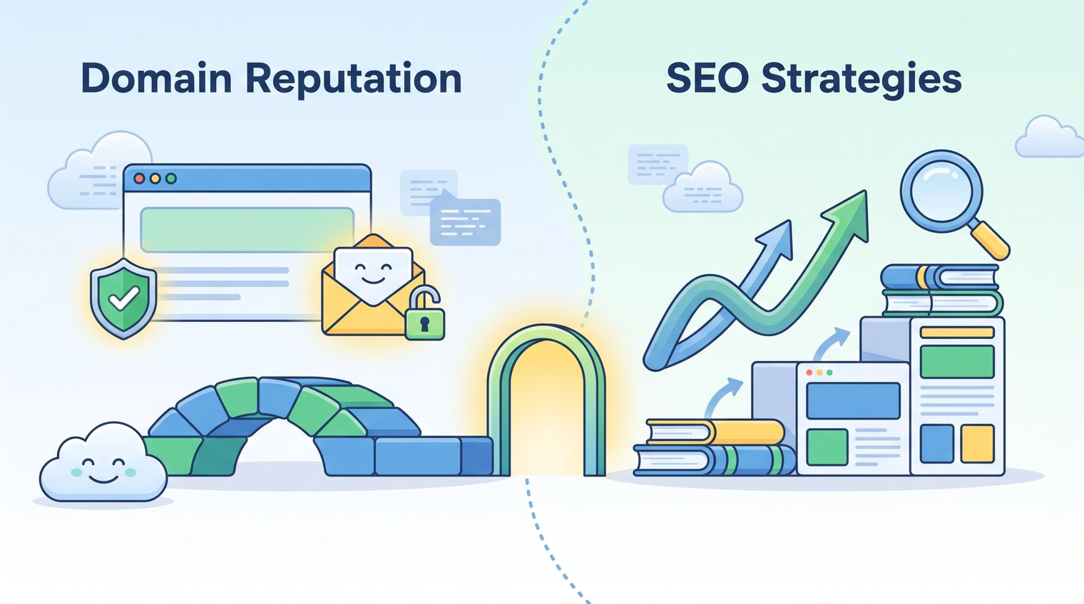 A split-screen concept showing a trusted website and email sender on one side, with a search-results growth chart and quality content on the other