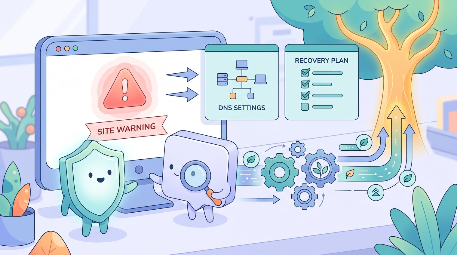 A website owner and security specialist reviewing a site-warning alert, DNS settings, and a recovery checklist on monitors