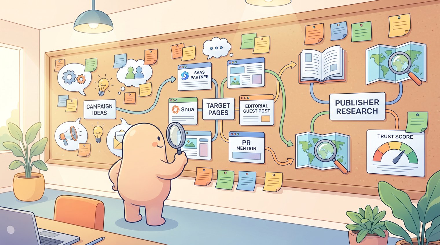 B2B marketer reviewing a wall of campaign ideas, target pages, and publisher research in a focused planning session
