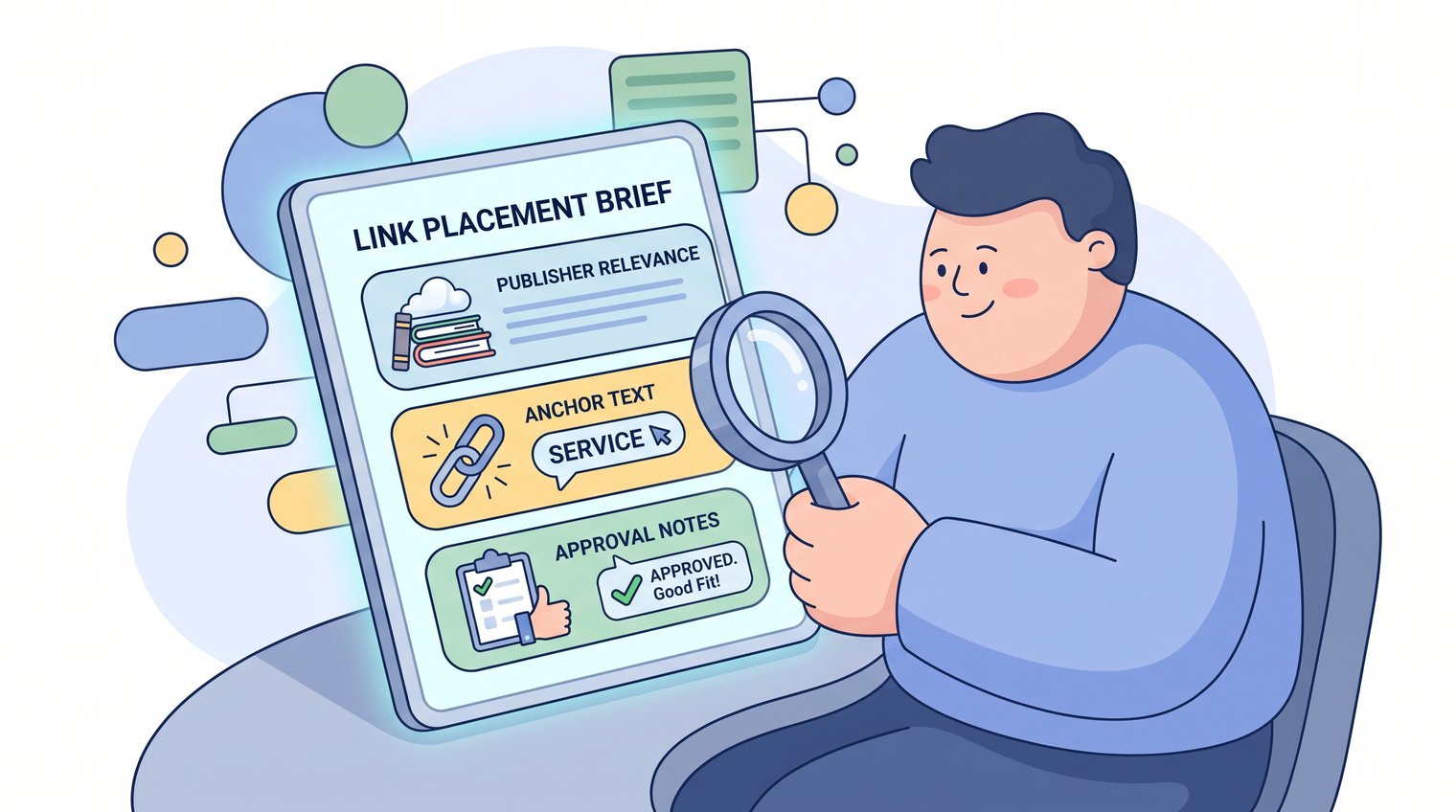 B2B marketing manager reviewing a backlink placement brief with publisher relevance, anchor text, and approval notes visible