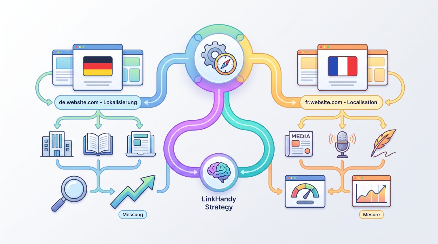B2B SaaS international expansion planning board with German and French localized page, publisher, and measurement workstreams