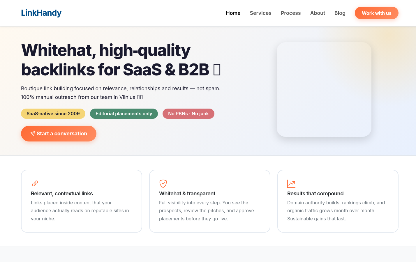 Linkhandy: Service explanation for contextual link insertions and editorial guest posts, focusing on how placement quality and relevance are presented