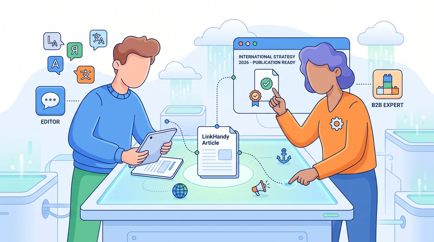 Local-language editor and B2B subject-matter expert collaborating on a publication-ready article