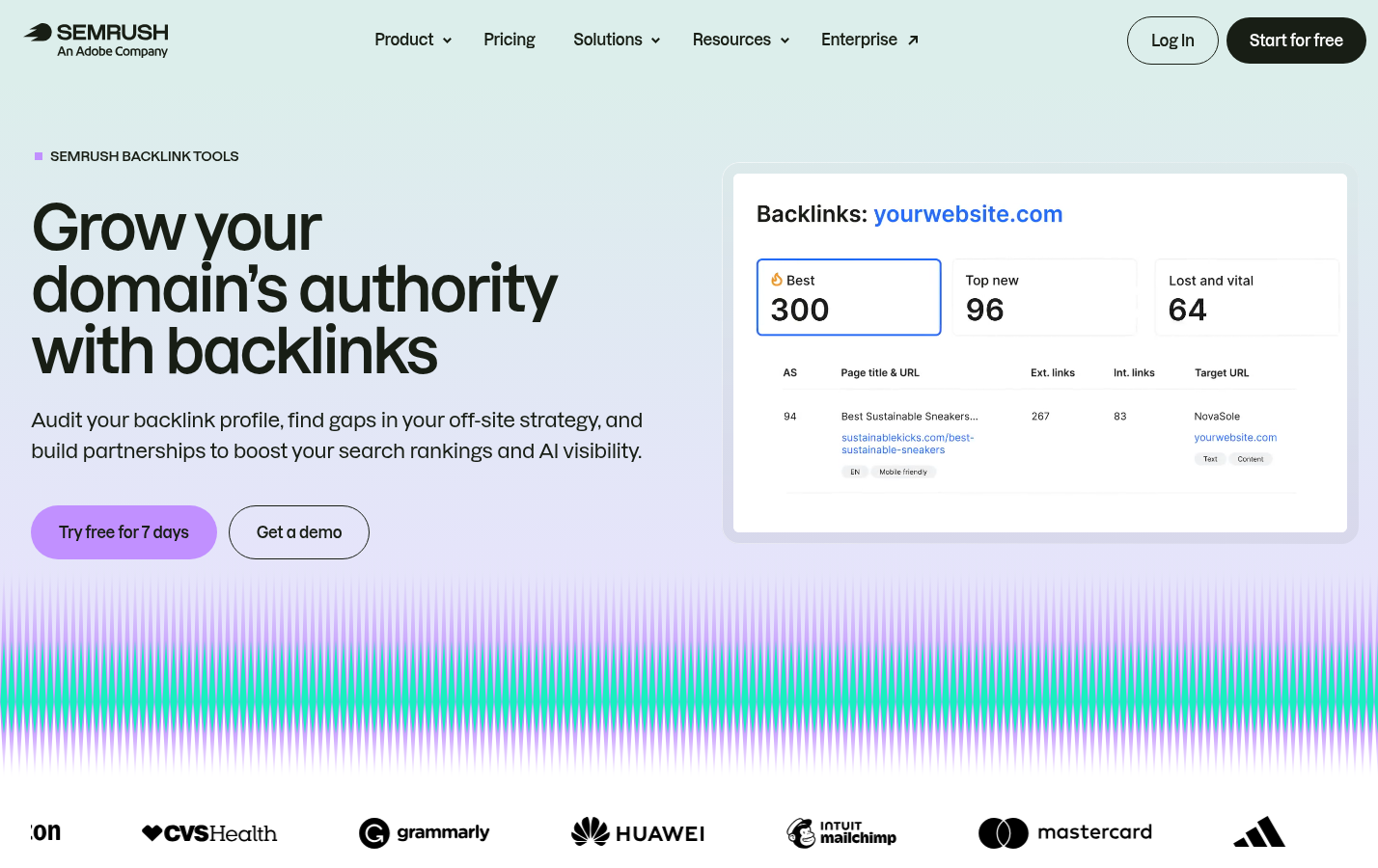 Semrush: Backlink analysis feature page area showing backlink research or monitoring capabilities