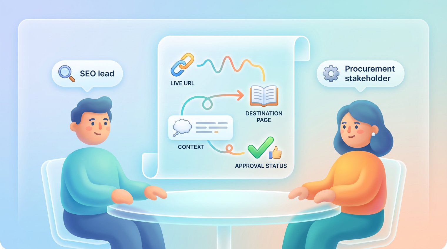 SEO lead and procurement stakeholder reviewing a transparent link placement report, with live URL, destination page, context, and approval status clearly organized