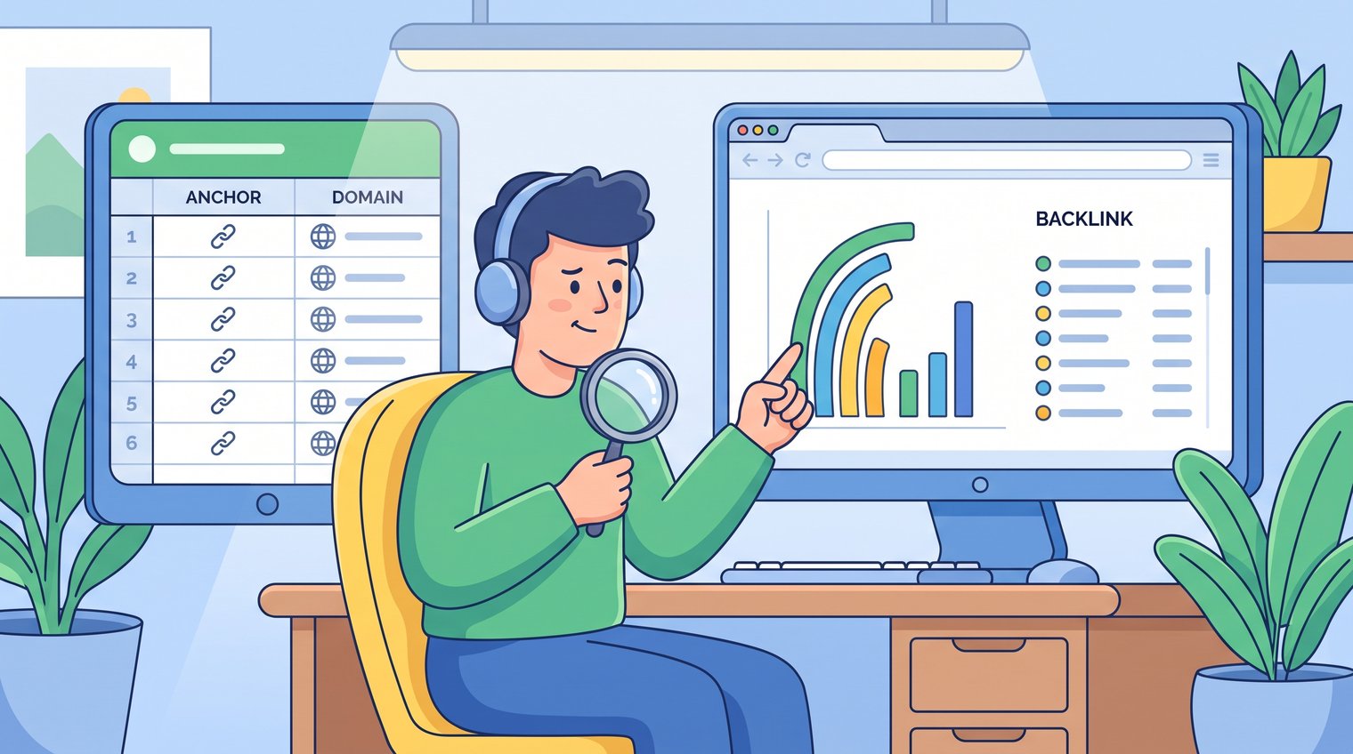 SEO specialist reviewing a spreadsheet of backlink anchors and referring domains beside a browser-based backlink report, realistic editorial style, no readable brand logos