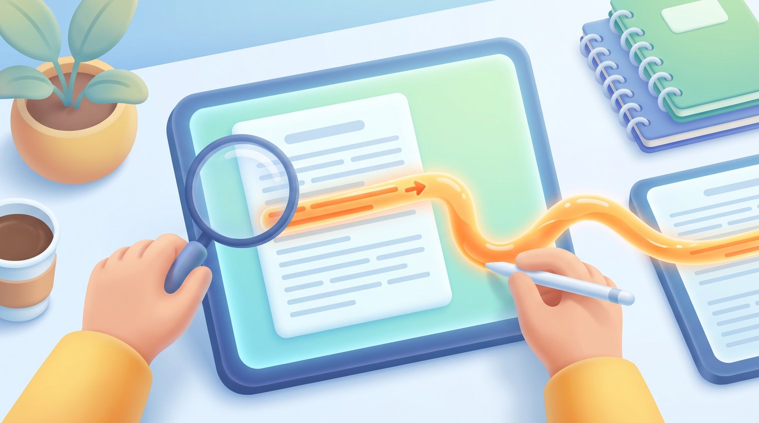 SEO strategist reviewing a topical article with one naturally cited resource link highlighted, clean editorial desk setting, no visible brand logos