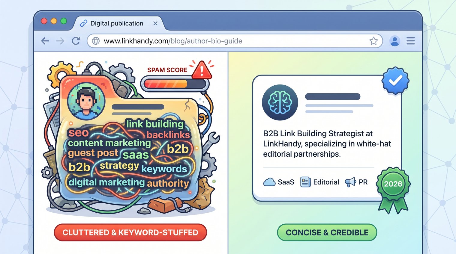 Split-screen comparison of a cluttered keyword-stuffed author bio and a concise credible author bio on a B2B publication page