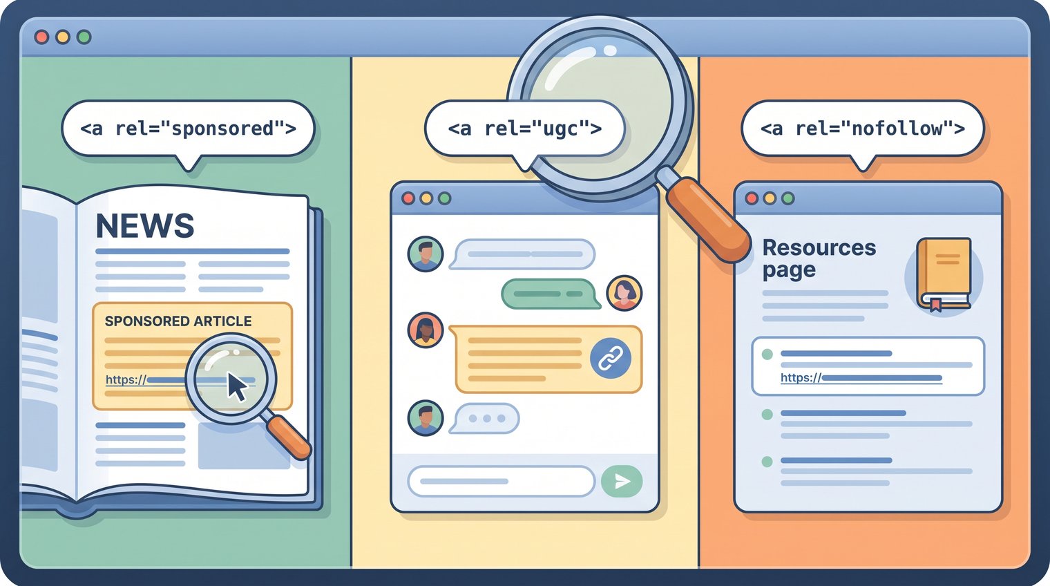 Split-screen editorial illustration of a website publisher reviewing three outbound-link contexts: a sponsored article, a customer forum comment, and an editorial resource page, with subtle HTML rel tags visible