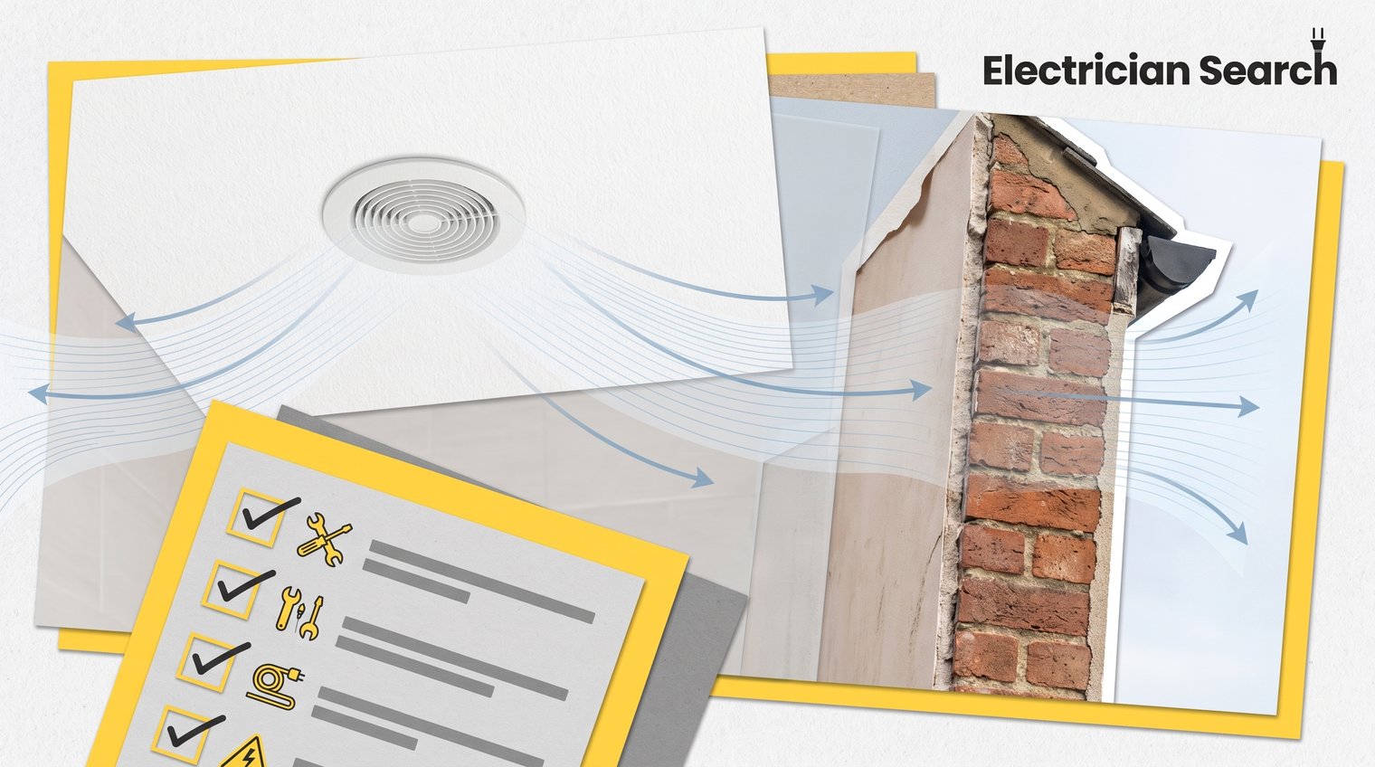 A clean UK bathroom ceiling with a discreet extractor grille, subtle airflow visualisation toward an exterior wall, realistic editorial photography