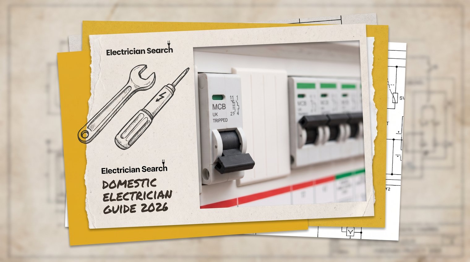 A close but safe view of a UK home consumer unit with a clearly tripped safety switch, no person touching equipment