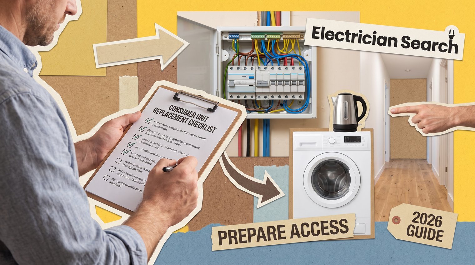 A homeowner using a printed checklist beside a consumer unit while preparing appliances and household access before an electrician visit